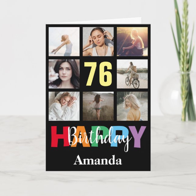 76th Happy Birthday Photo Collage Modern Black Card (Front)