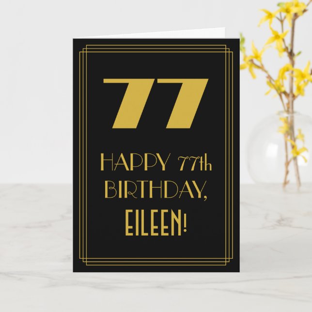 77th Birthday ~ Art Deco Inspired Look "77" & Name Card (Yellow Flower)