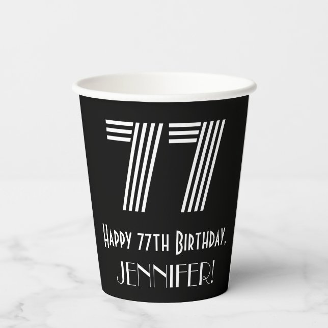 77th Birthday — Art Deco Inspired Look “77” + Name Paper Cups (Back)