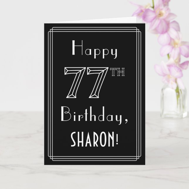 77th Birthday: Art Deco Style # 77 & Custom Name Card (Orchid)