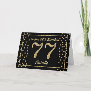 77th Birthday Black and Gold Glitter Confetti Card