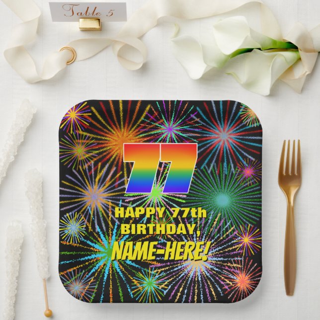 77th Birthday: Colourful, Fun Celebratory Firework Paper Plate (Wedding)