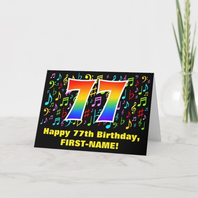 77th Birthday: Colourful Music Symbols & Rainbow 7 Card (Front)