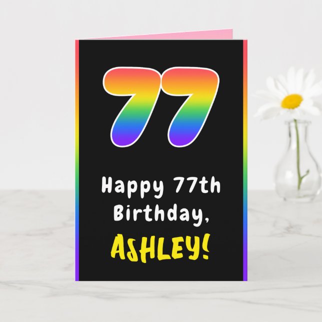 77th Birthday: Colourful Rainbow # 77, Custom Name Card (Small Plant)