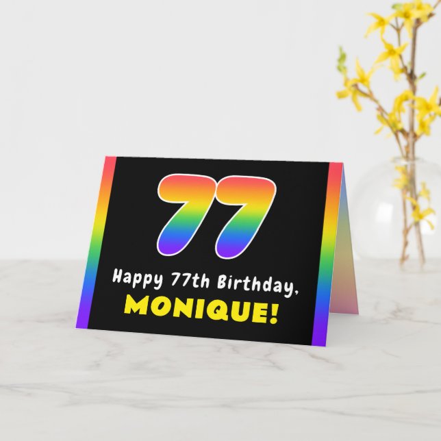 77th Birthday: Colourful Rainbow # 77, Custom Name Card (Yellow Flower)