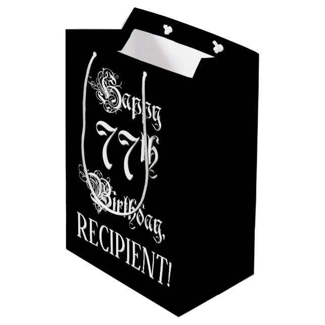 77th Birthday: Fancy, Elegant Script + Custom Name Medium Gift Bag (Back Angled)