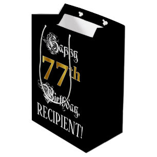 77th Birthday ~ Fancy Script; Faux Gold Look; Name Medium Gift Bag