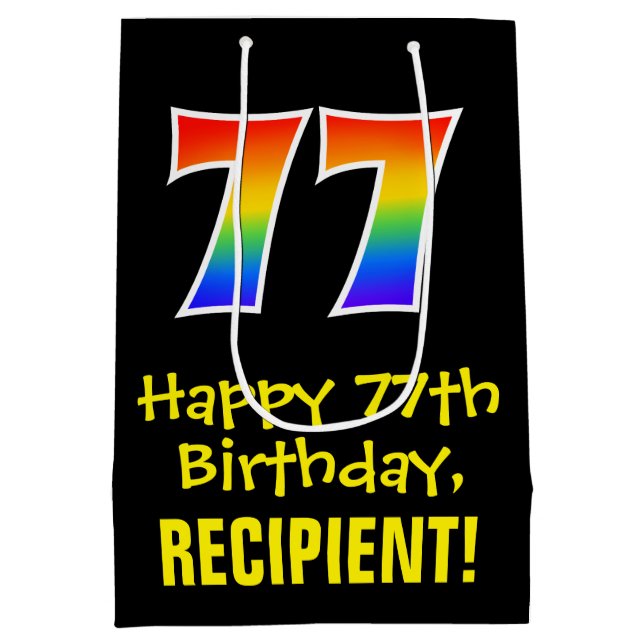 77th Birthday: Fun, Bold, Colourful, Rainbow "77" Medium Gift Bag (Back)