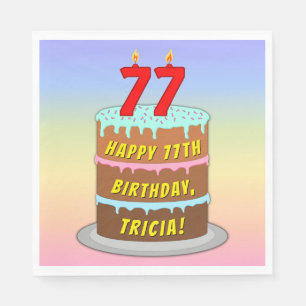 77th Birthday: Fun Cake and Candles + Custom Name Napkin