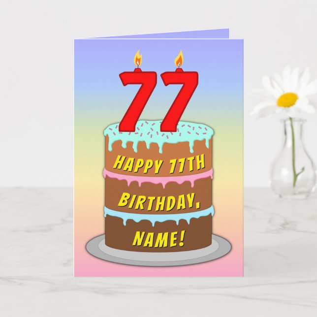 77th Birthday — Fun Cake & Candles, w/ Custom Name Card (Small Plant)