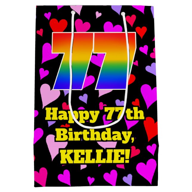 77th Birthday: Loving Hearts Pattern, Rainbow # 77 Medium Gift Bag (Back)