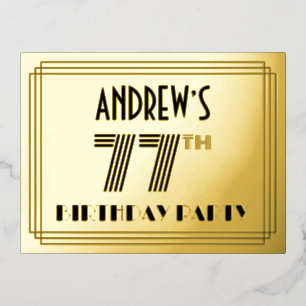 77th Birthday Party ~ Art Deco Style “77” + Name Foil Invitation Postcard