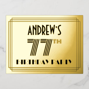 77th Birthday Party ~ Art Deco Style “77” + Name Foil Invitation Postcard