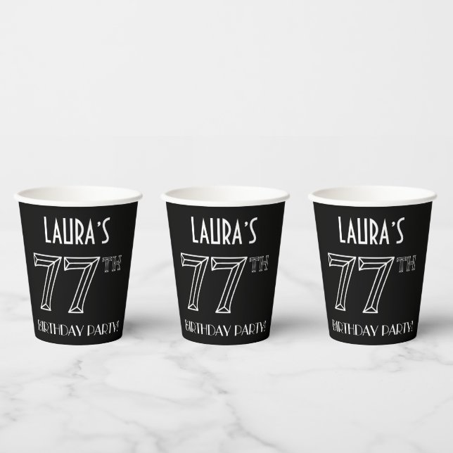 77th Birthday Party: Art Deco Style + Custom Name Paper Cups (Multi)