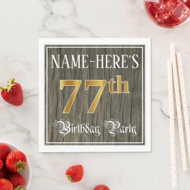 77th Birthday Party — Faux Gold & Faux Wood Looks Napkin (Insitu)