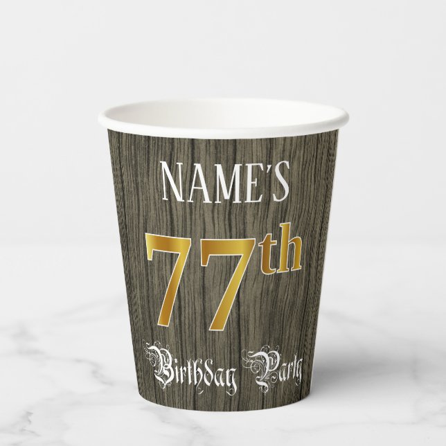 77th Birthday Party — Faux Gold & Faux Wood Looks Paper Cups (Back)