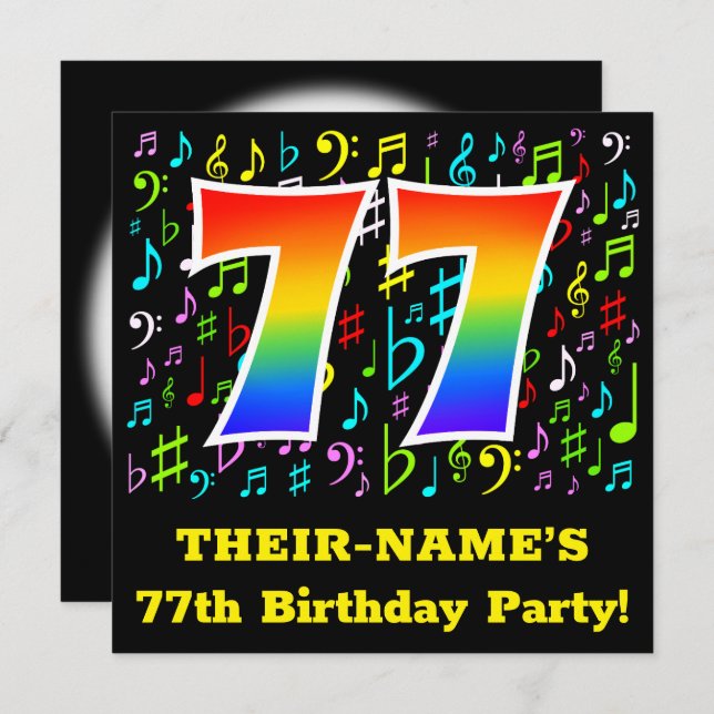 77th Birthday Party: Fun Music Symbols, Rainbow 77 Invitation (Front/Back)