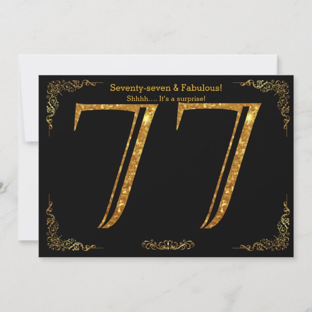 77th Birthday party,Gatsby styl,black gold glitter Invitation (Front)