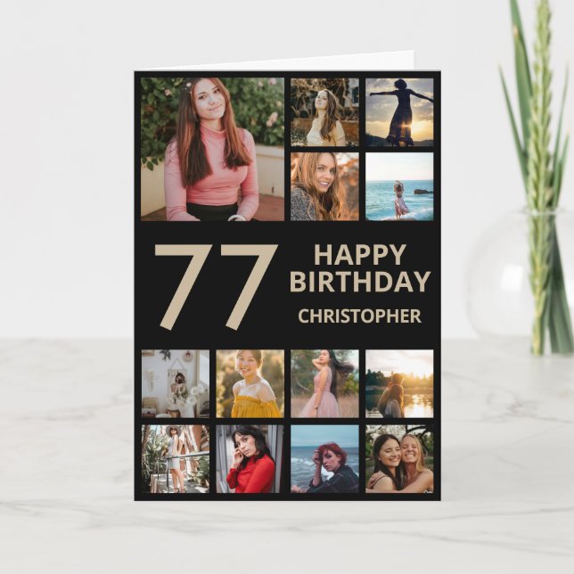 77th Birthday Photo Collage 13 Photos Black & Gold Card (Front)