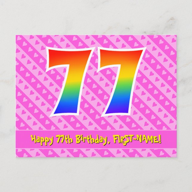 77th Birthday: Pink Stripes & Hearts, Rainbow 77 Postcard (Front)