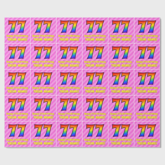 77th Birthday: Pink Stripes & Hearts, Rainbow # 77 Wrapping Paper (Flat)
