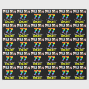 77th Birthday: Rainbow “77“; Custom Photos & Name Wrapping Paper