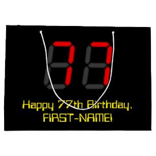 77th Birthday: Red Digital Clock Style "77" + Name Large Gift Bag