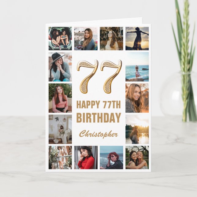 77th Happy Birthday Gold and White Photo Collage Card (Front)