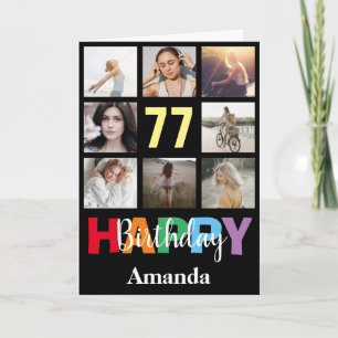 77th Happy Birthday Photo Collage Modern Black Card