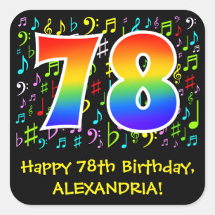 78th Birthday: Colorful Music Symbols, Rainbow 78 Square Sticker