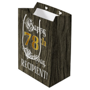 78th Birthday: Faux Gold Look & Faux Wood Pattern Medium Gift Bag