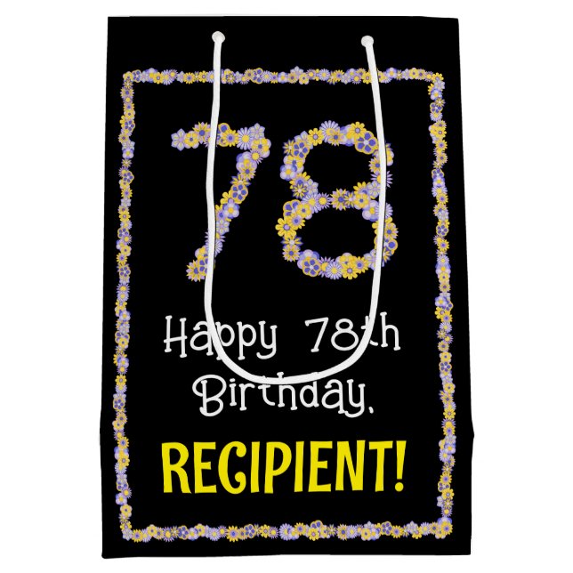 78th Birthday: Floral Flowers Number, Custom Name Medium Gift Bag (Back)