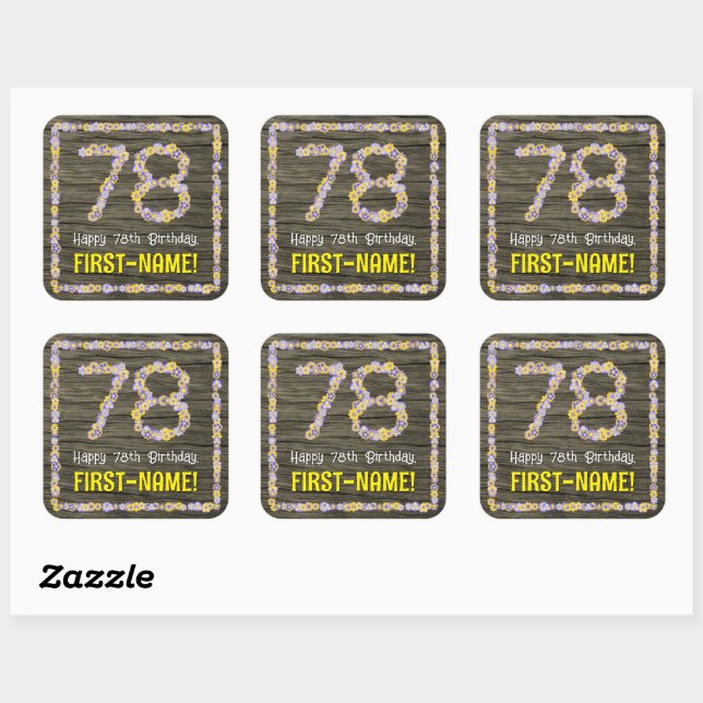 78th Birthday: Floral Number, Faux Wood Look, Name Square Sticker (Sheet)