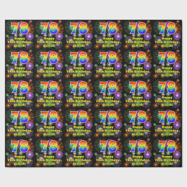 78th Birthday: Fun Fireworks, Rainbow Look # “78” Wrapping Paper (Seam)