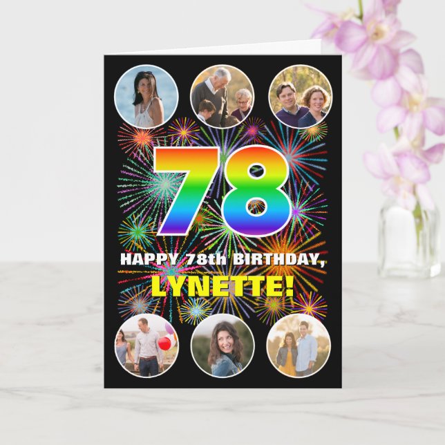 78th Birthday: Fun Rainbow #, Custom Name & Photos Card (Orchid)