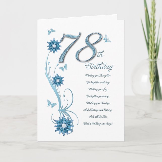 78th birthday in teal with flowers and butterfly card (Front)