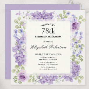 78th Birthday Invitation Elegant Purple Flowers