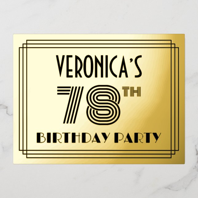 78th Birthday Party ~ Art Deco Style “78” + Name Foil Invitation Postcard (Front)