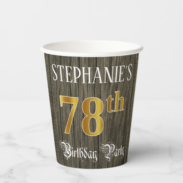 78th Birthday Party — Faux Gold & Faux Wood Looks Paper Cups (Back)