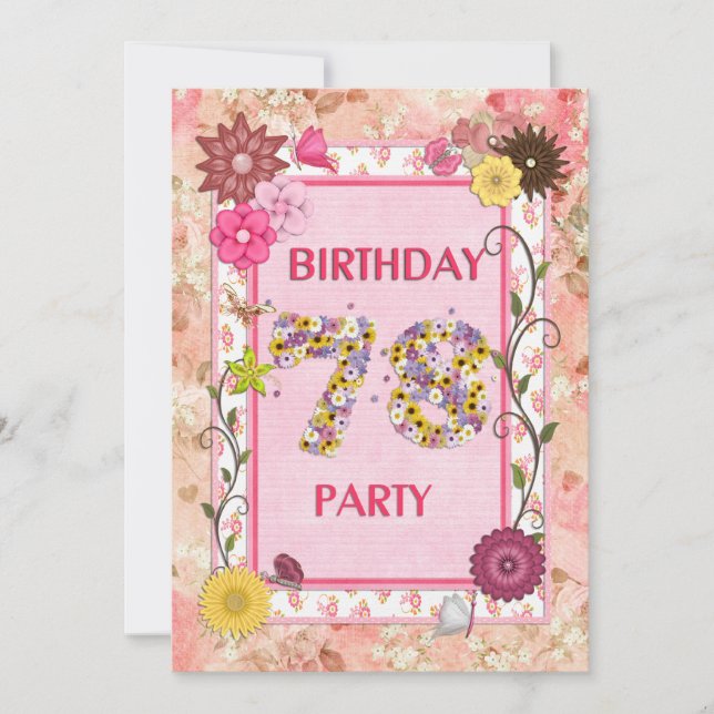 78th birthday party invitation with floral frame (Front)