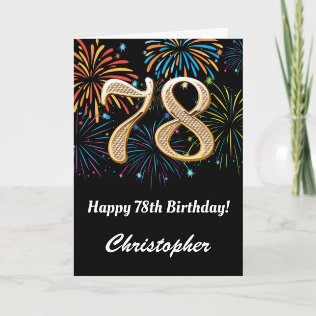 78th Birthday Rainbow Fireworks Black and Gold Card (Front)