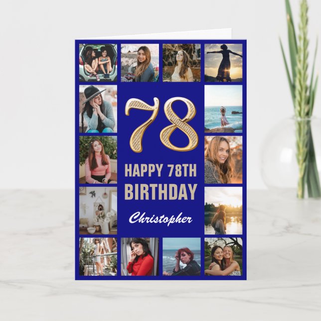 78th Happy Birthday Navy Blue & Gold Photo Collage Card (Front)