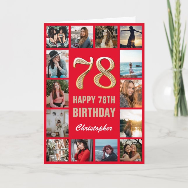 78th Happy Birthday Red and Gold Photo Collage Card (Front)