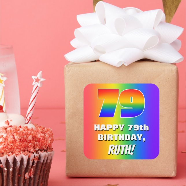 79th Birthday: Colourful, Fun Rainbow Pattern # 79 Square Sticker (Party)