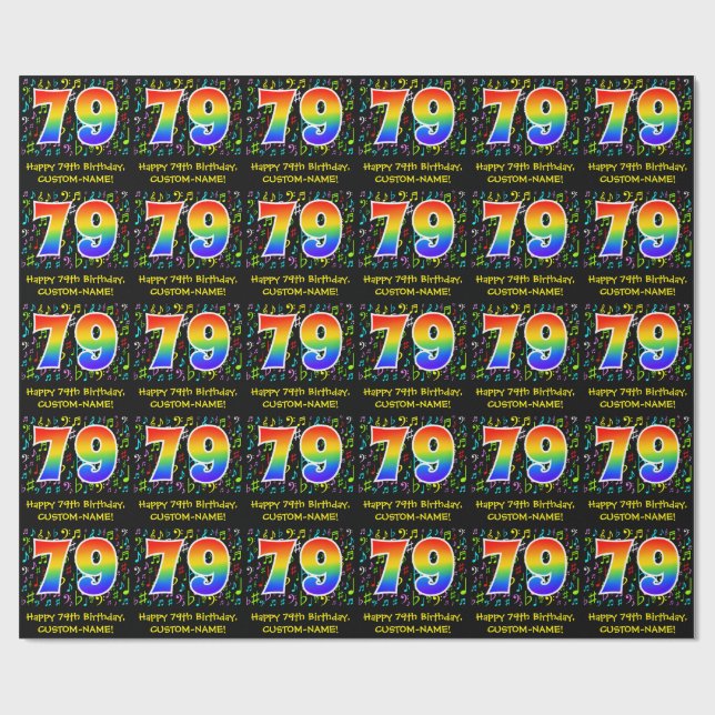 79th Birthday: Colourful Music Symbols, Rainbow 79 Wrapping Paper (Flat)