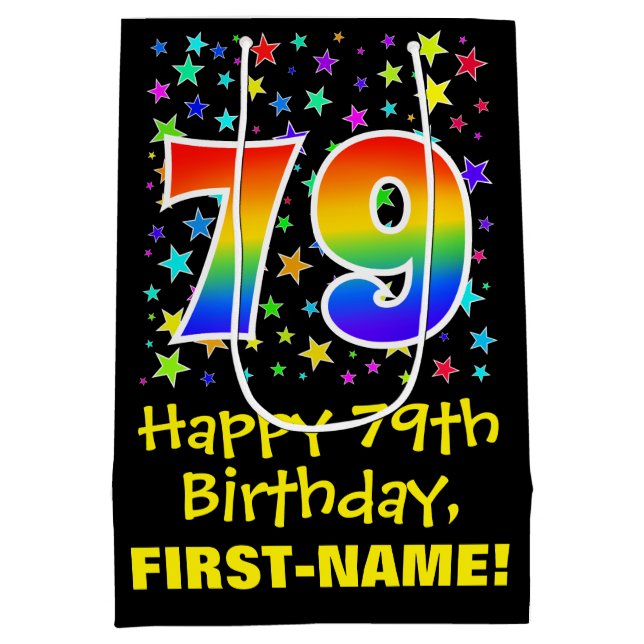 79th Birthday: Colourful Stars Pattern & Rainbow 7 Medium Gift Bag (Back)