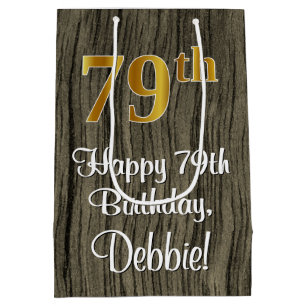 79th Birthday: Elegant Faux Gold Look #, Faux Wood Medium Gift Bag