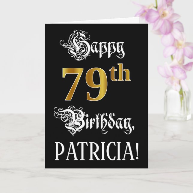 79th Birthday — Fancy Script; Faux Gold Look; Name Card (Orchid)