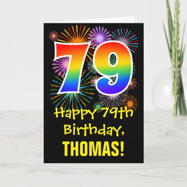 79th Birthday: Fun Fireworks Pattern + Rainbow 79 Card (Front)