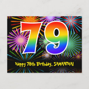 79th Birthday – Fun Fireworks Pattern + Rainbow 79 Postcard